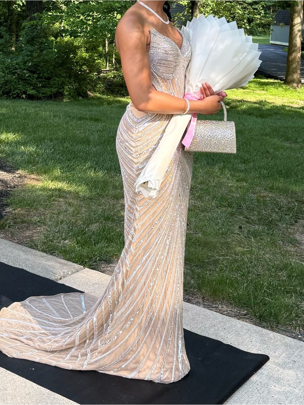 Amarra Sweetheart beaded prom gown w/ sheer side cutouts Nude/silver size 2 - Picture 7 of 8